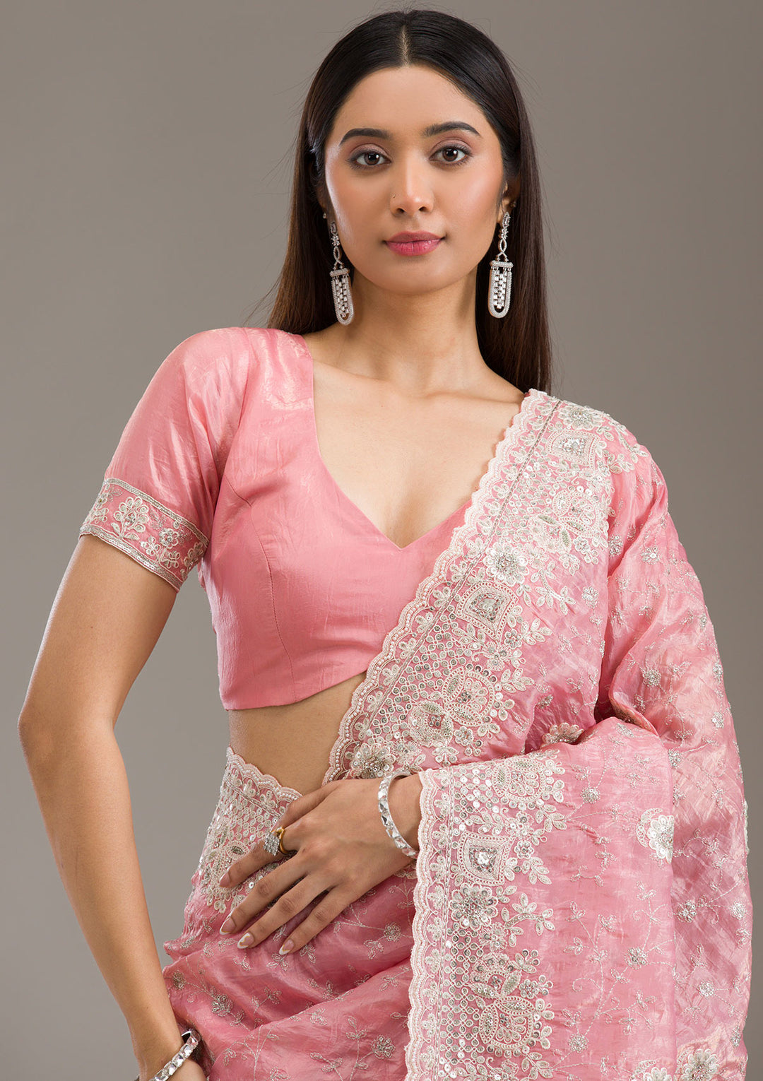 Peach Sequins Tissue Saree
