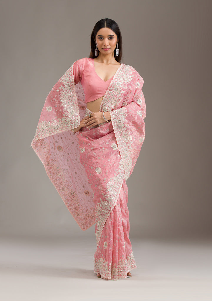 Peach Sequins Tissue Saree