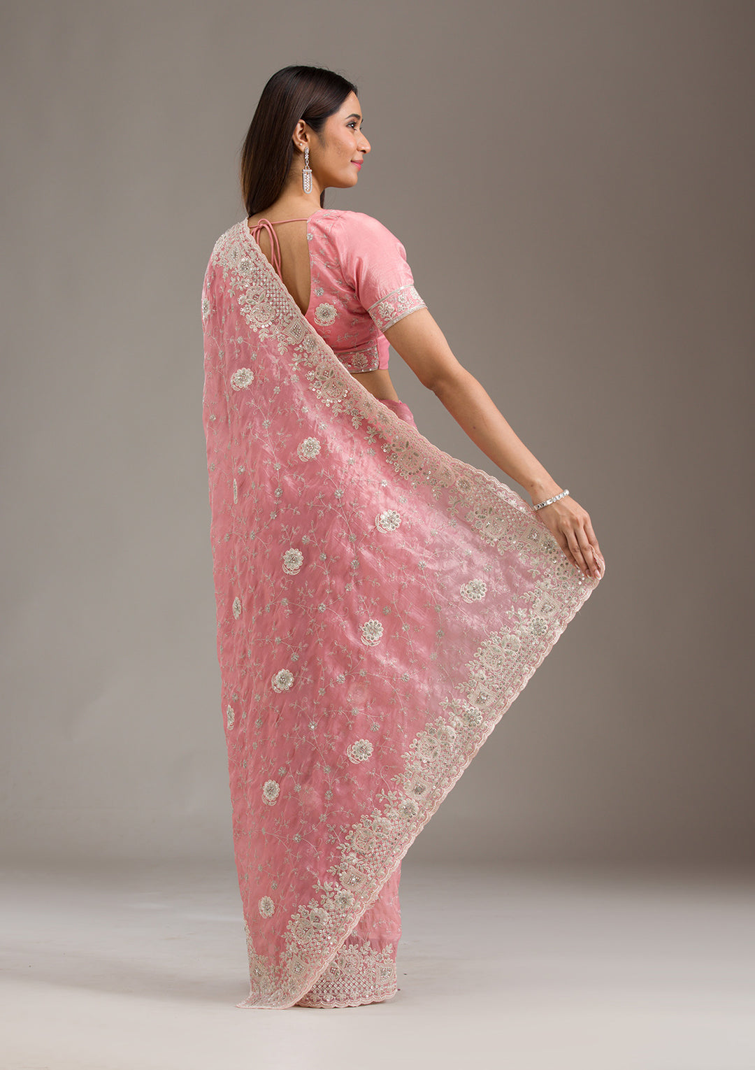 Peach Sequins Tissue Saree