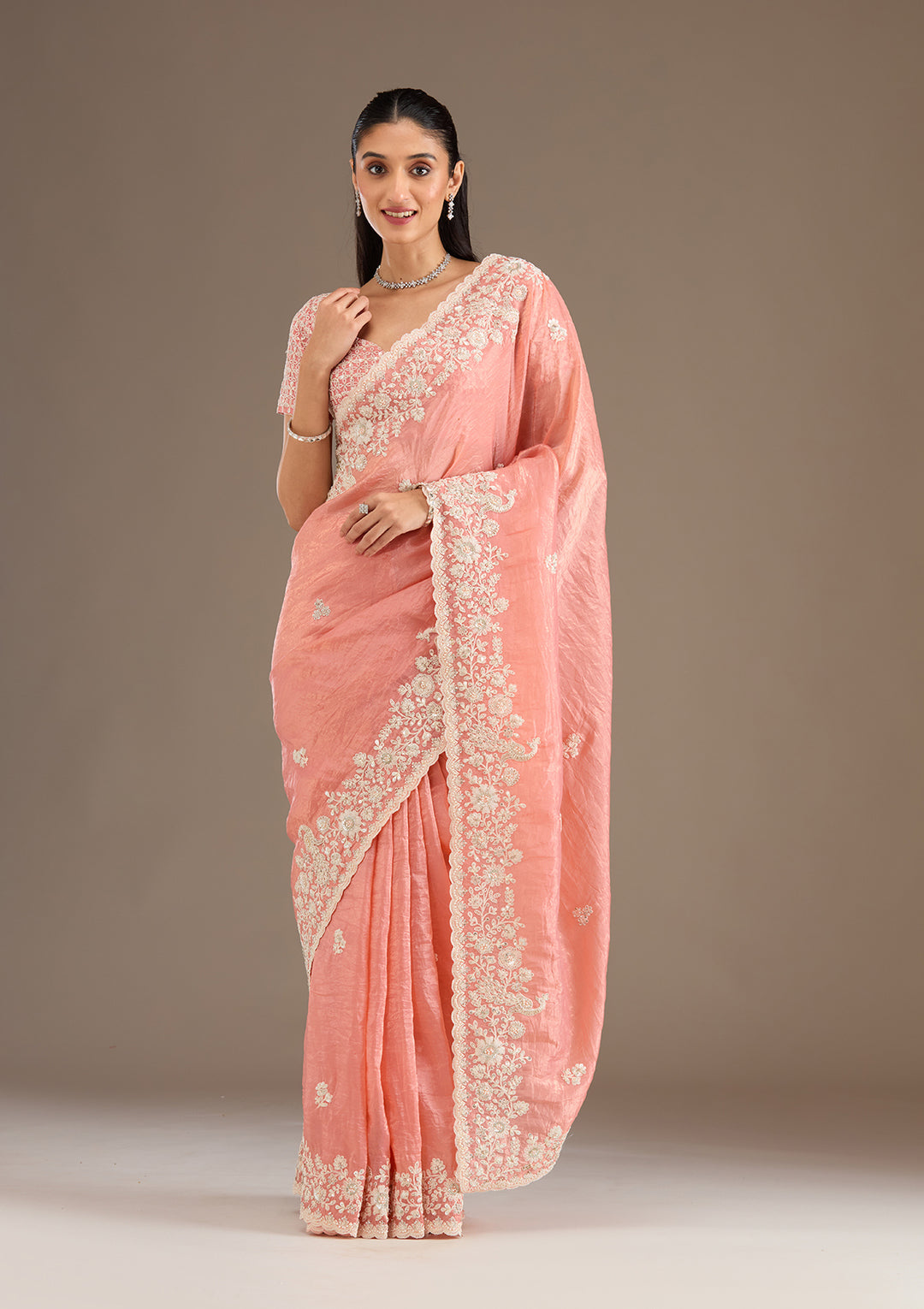 Peach Sequins Tissue Saree