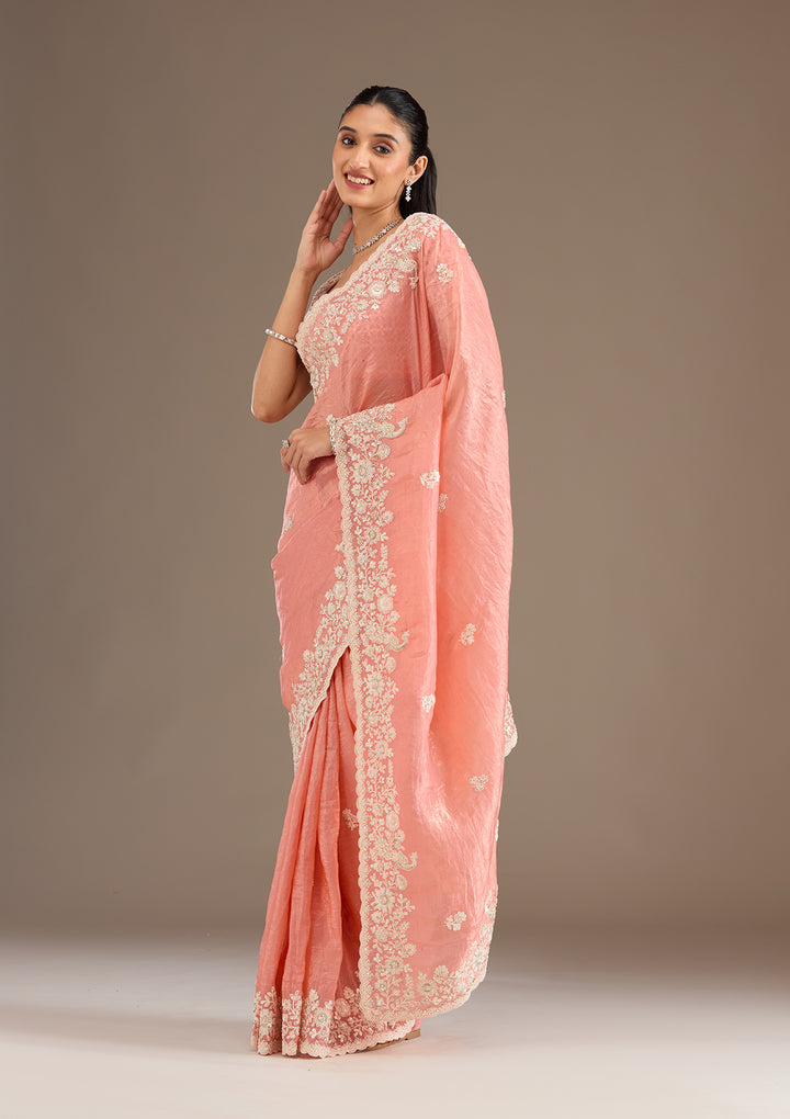 Peach Sequins Tissue Saree
