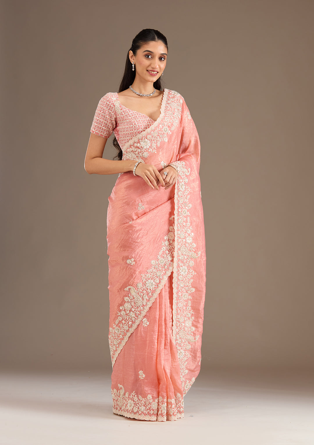 Peach Sequins Tissue Saree