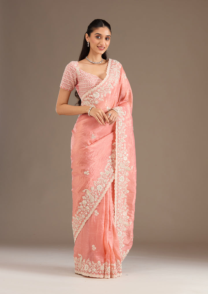 Peach Sequins Tissue Saree