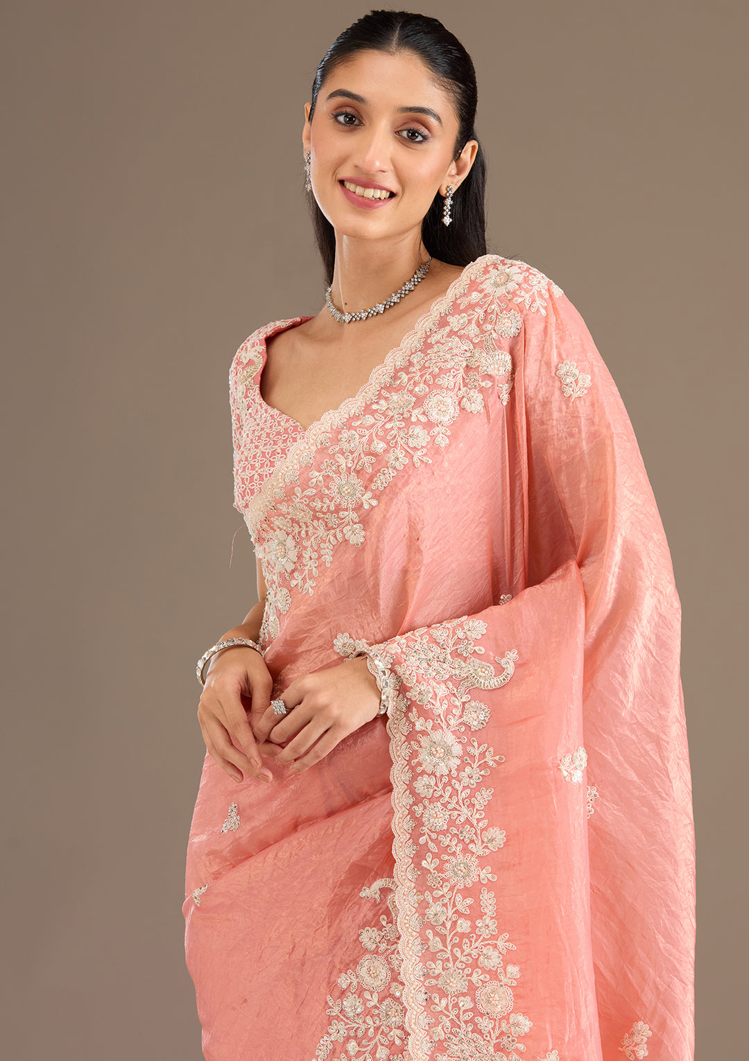 Peach Sequins Tissue Saree