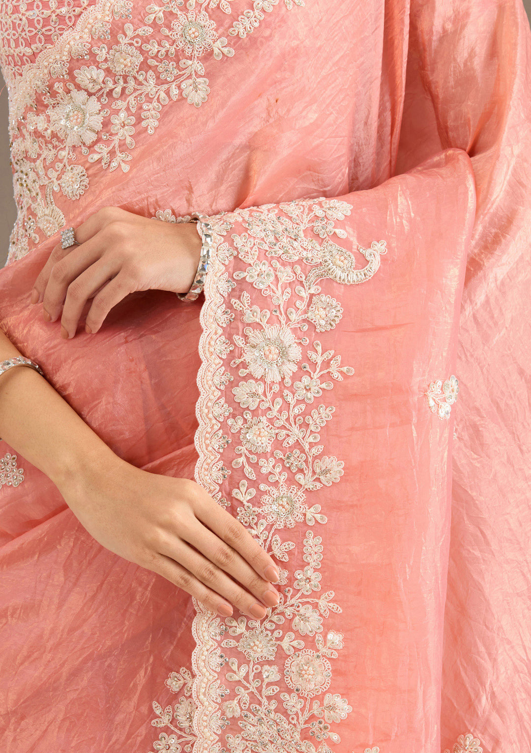 Peach Sequins Tissue Saree