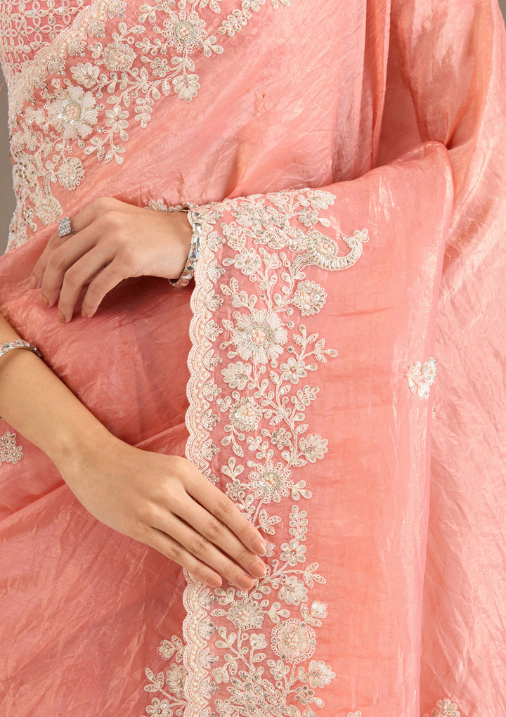 Peach Sequins Tissue Saree