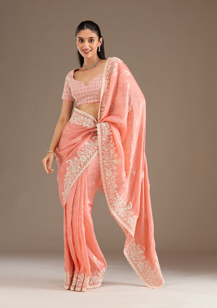Peach Sequins Tissue Saree