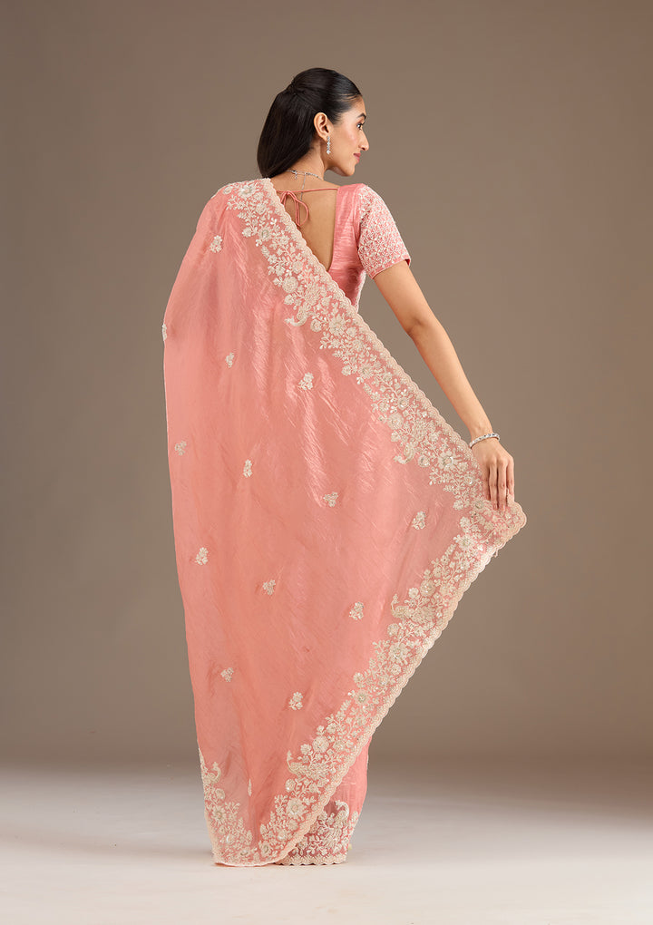 Peach Sequins Tissue Saree