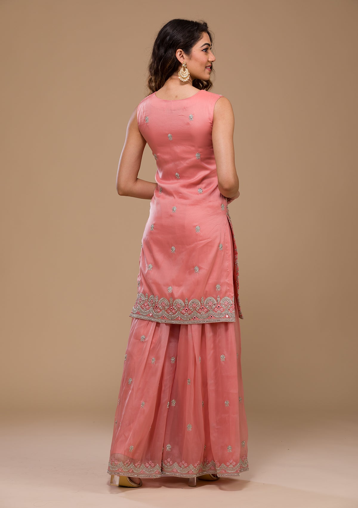 Peach Stonework Tissue Readymade Salwar Suit-Koskii
