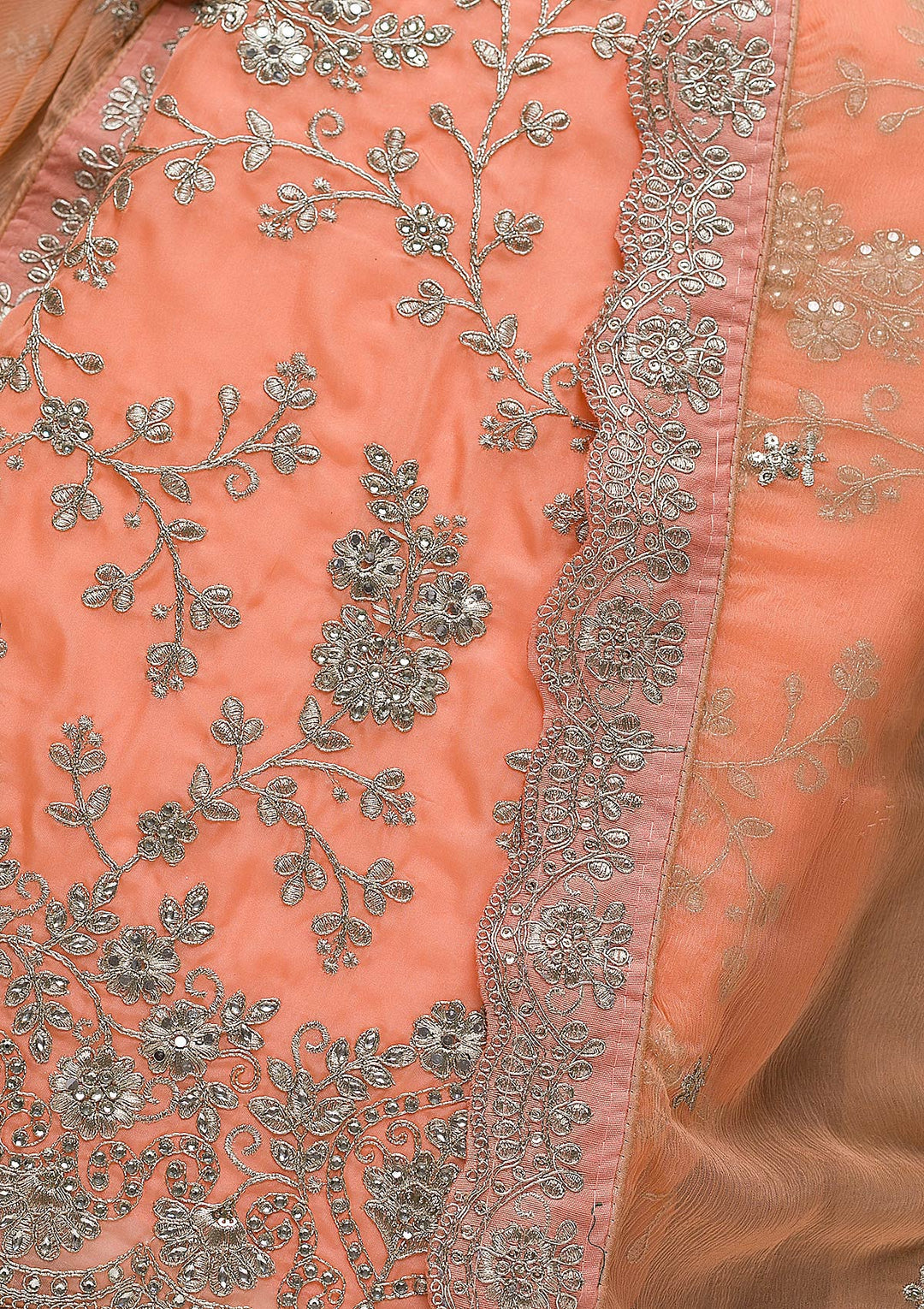 Peach Silver Zariwork Tissue Unstitched Salwar Suit