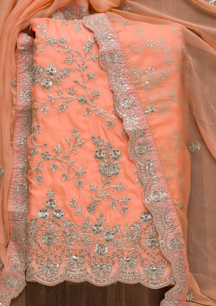 Peach Silver Zariwork Tissue Unstitched Salwar Suit