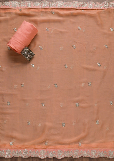 Peach Silver Zariwork Tissue Unstitched Salwar Suit