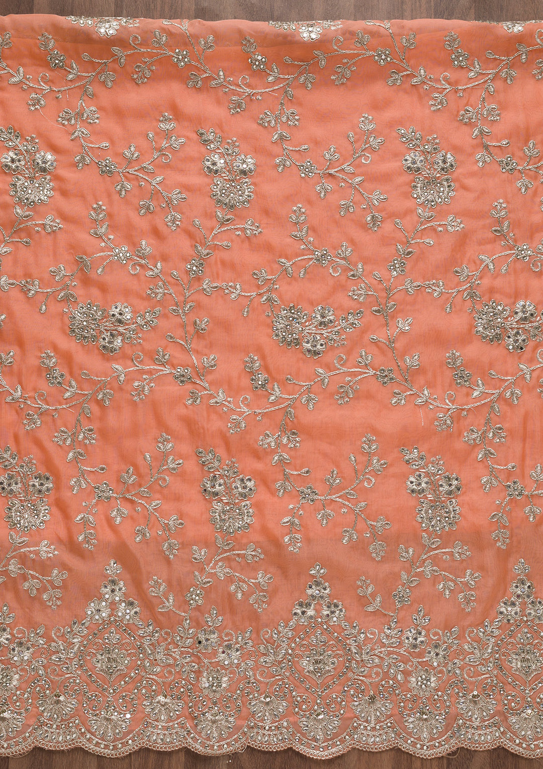 Peach Silver Zariwork Tissue Unstitched Salwar Suit