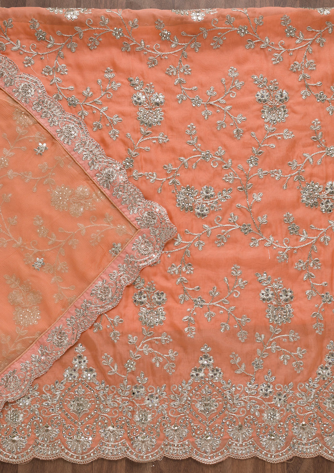 Peach Silver Zariwork Tissue Unstitched Salwar Suit