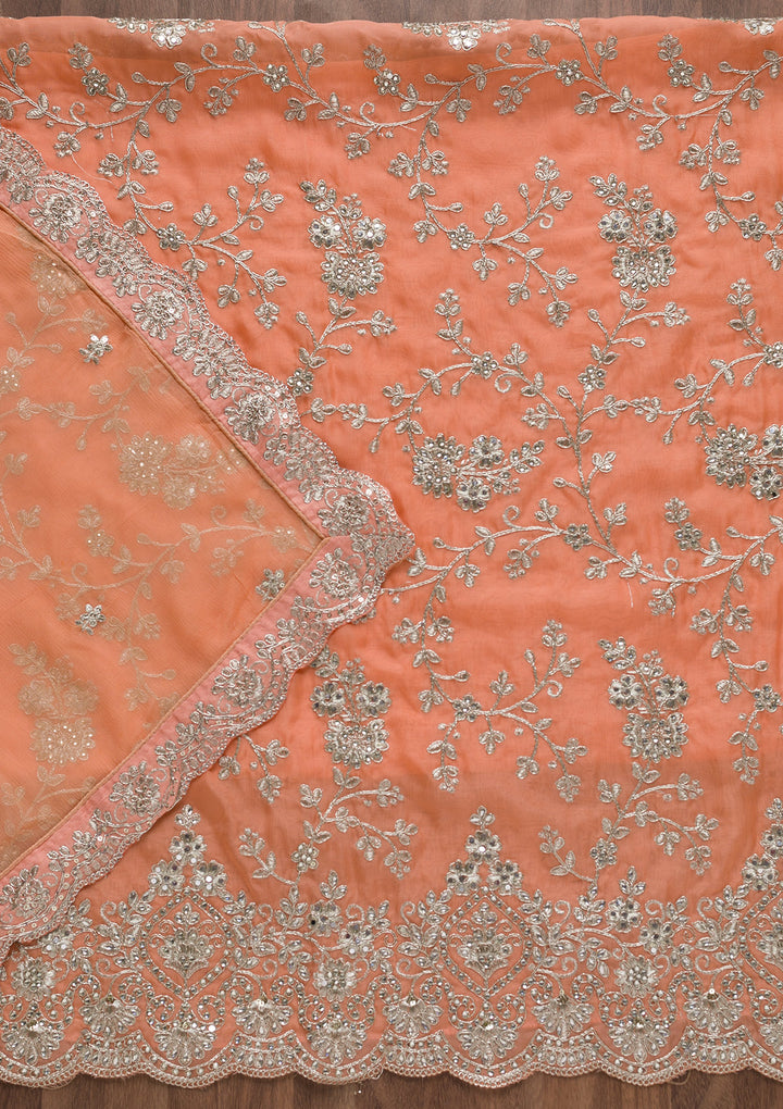 Peach Silver Zariwork Tissue Unstitched Salwar Suit
