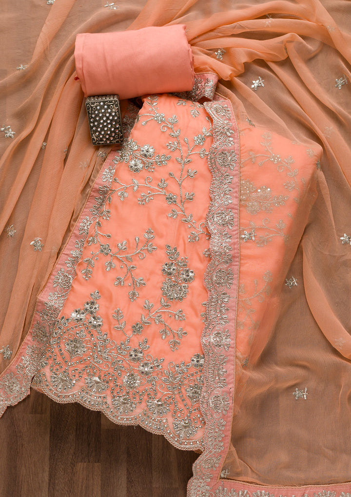 Peach Silver Zariwork Tissue Unstitched Salwar Suit