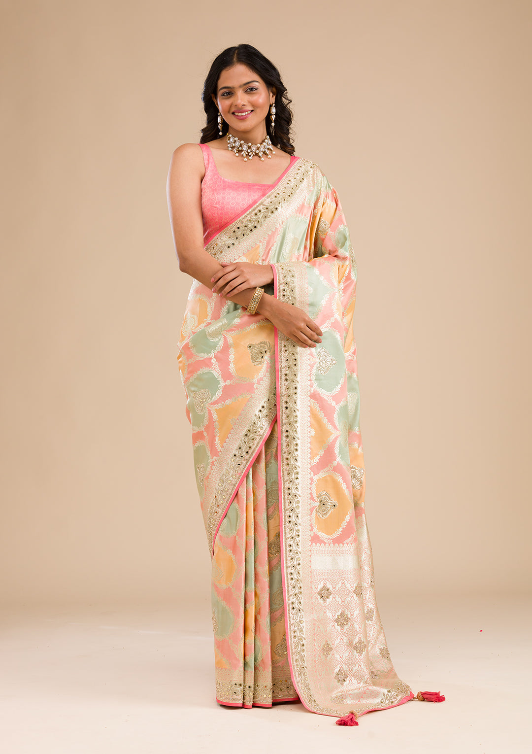 Peach Stonework Banarasi Silk Saree