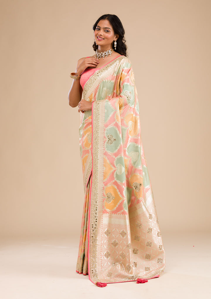 Peach Stonework Banarasi Silk Saree