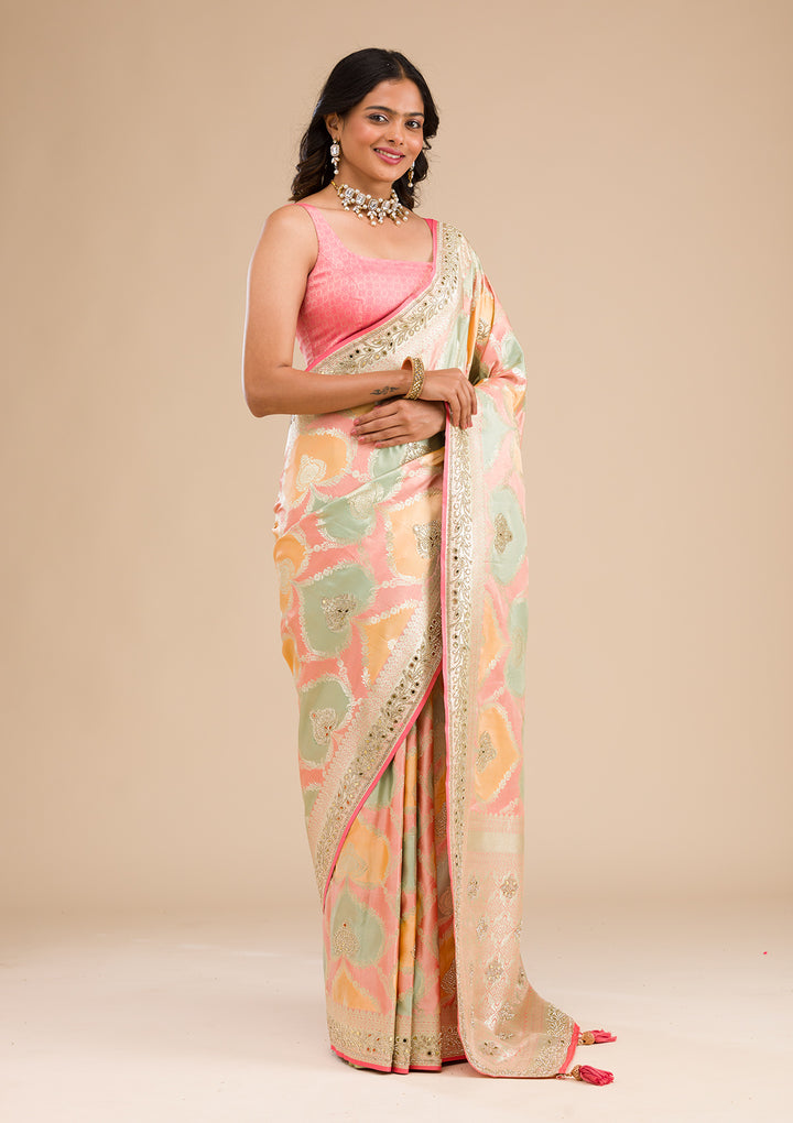 Peach Stonework Banarasi Silk Saree