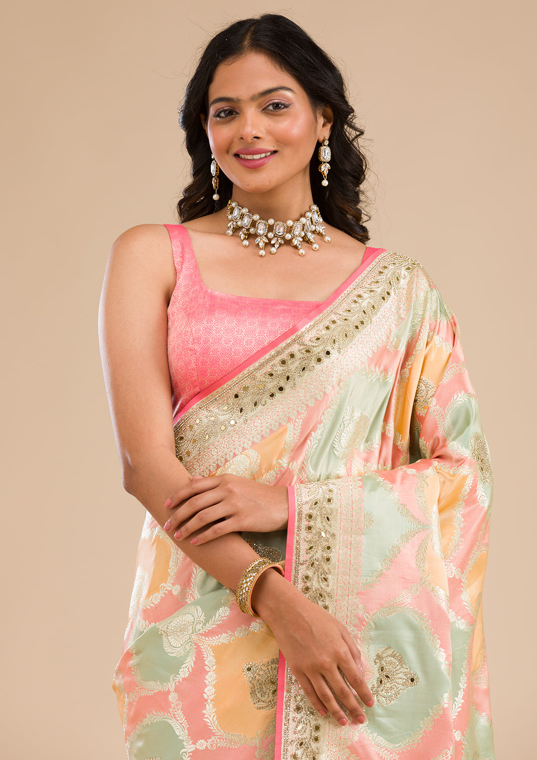 Peach Stonework Banarasi Silk Saree