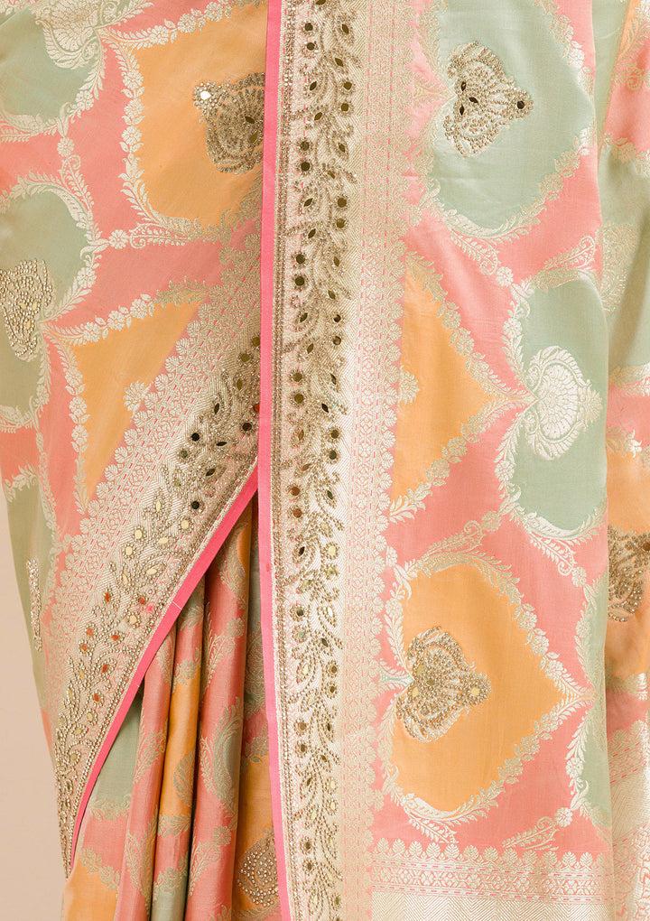 Peach Stonework Banarasi Silk Saree