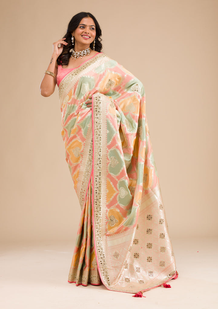Peach Stonework Banarasi Silk Saree