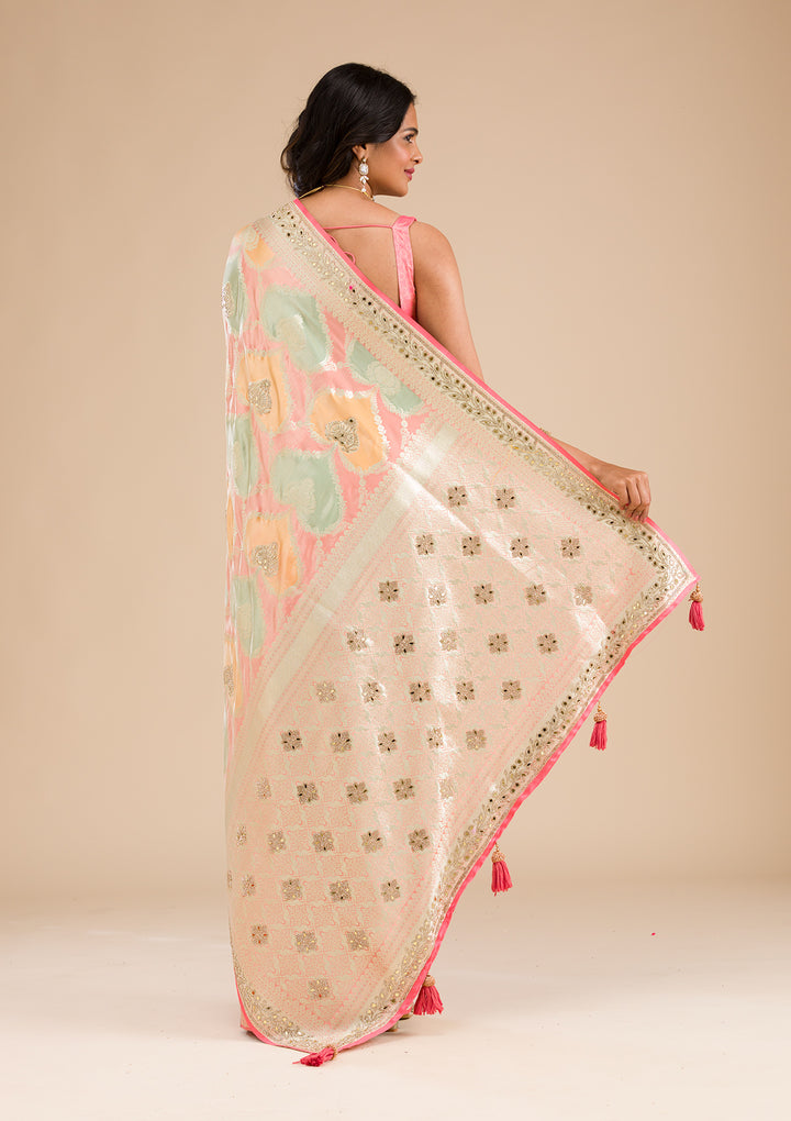 Peach Stonework Banarasi Silk Saree