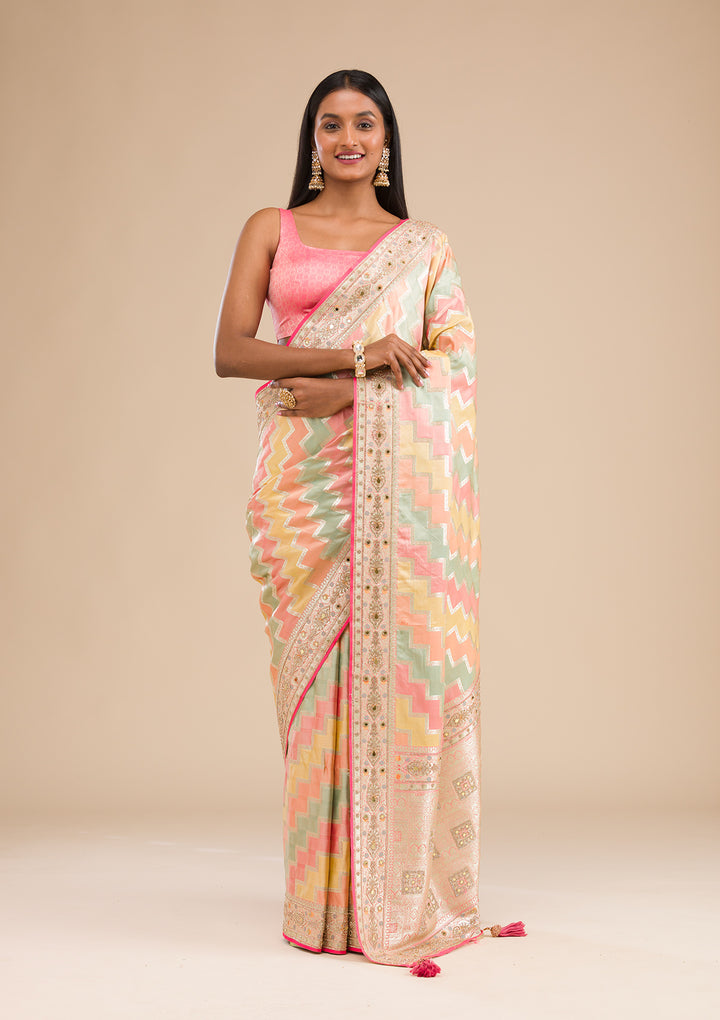 Peach Stonework Banarasi Silk Saree
