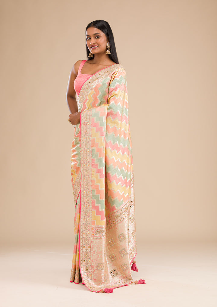 Peach Stonework Banarasi Silk Saree