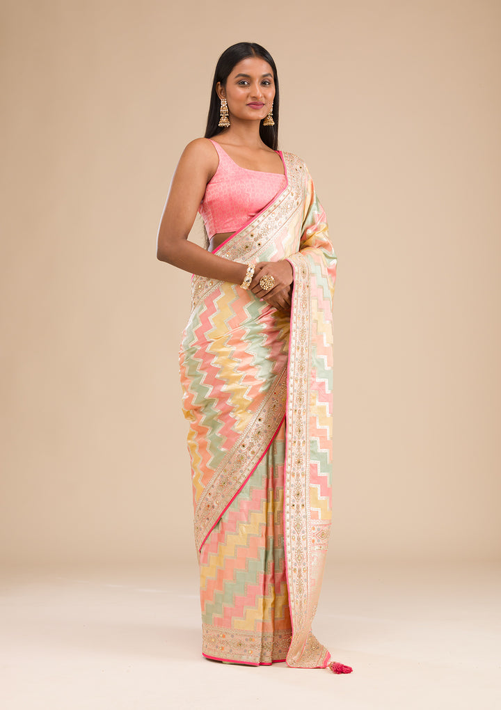 Peach Stonework Banarasi Silk Saree