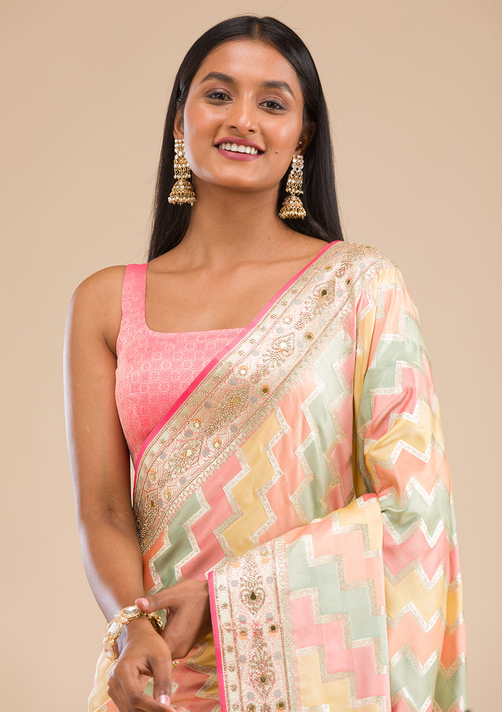 Peach Stonework Banarasi Silk Saree