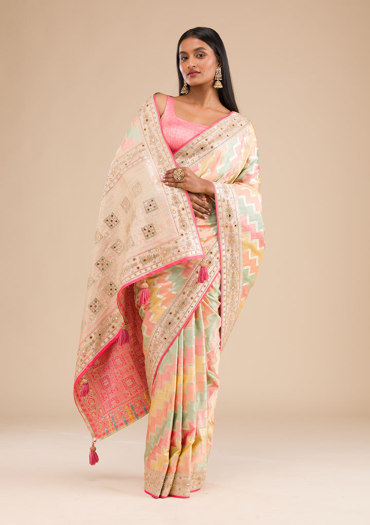 Peach Stonework Banarasi Silk Saree
