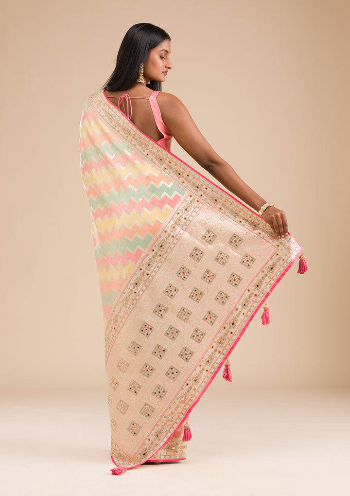 Peach Stonework Banarasi Silk Saree