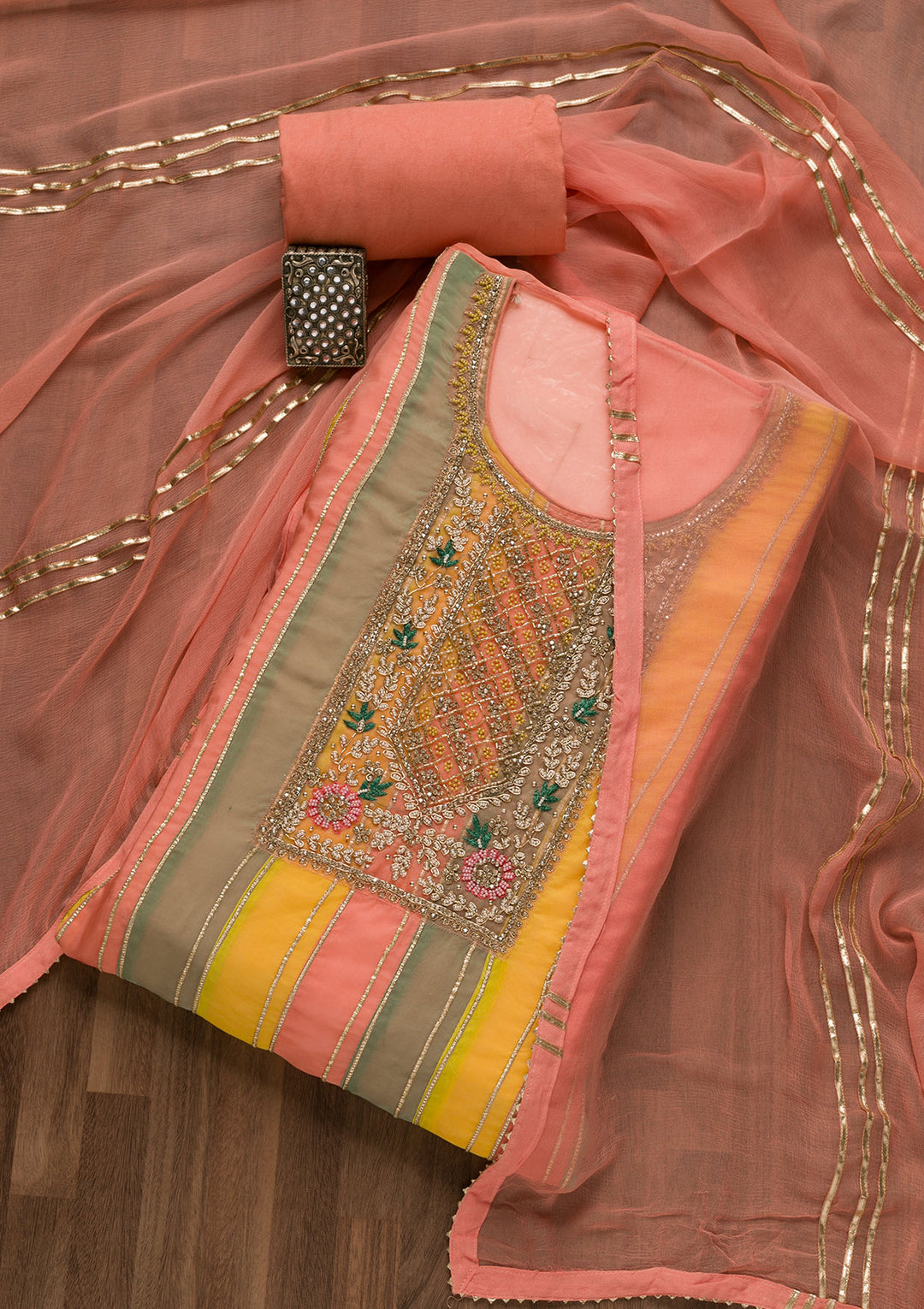 Peach Stonework Organza Unstitched Salwar Suit