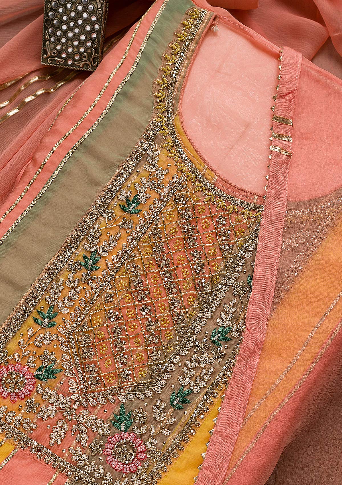 Peach Stonework Georgette Unstitched Salwar Suit
