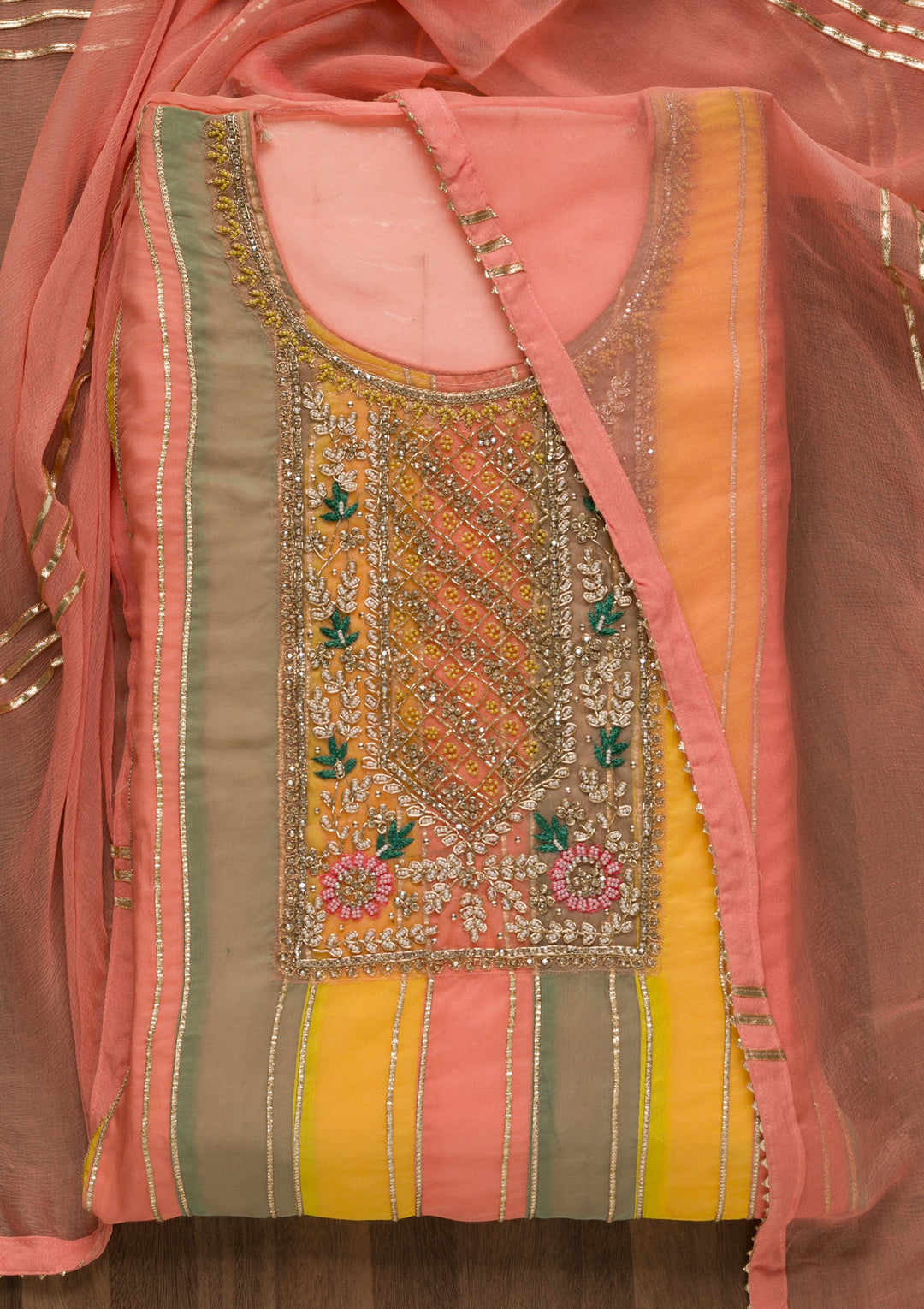 Peach Stonework Organza Unstitched Salwar Suit