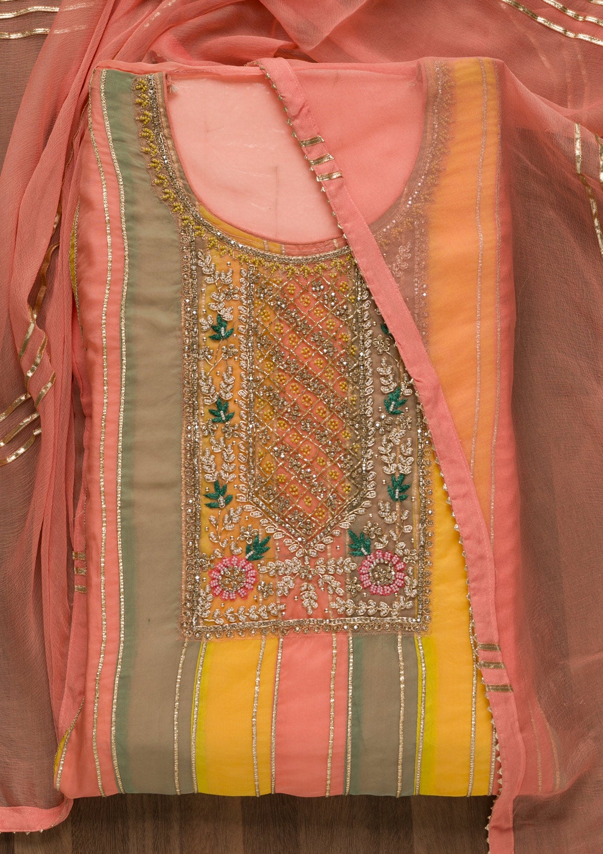 Peach Stonework Georgette Unstitched Salwar Suit