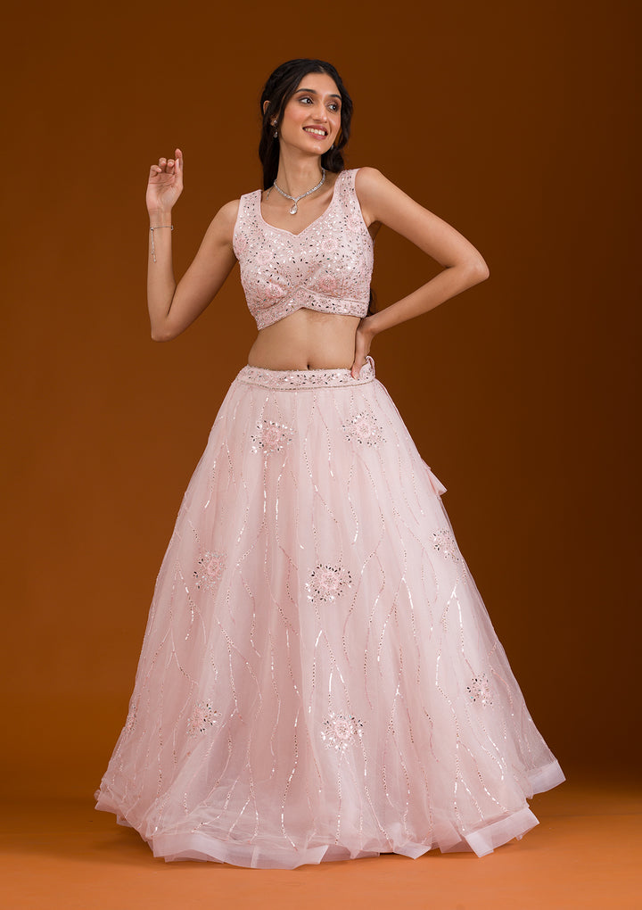 Peach Stonework Net Readymade Lehenga