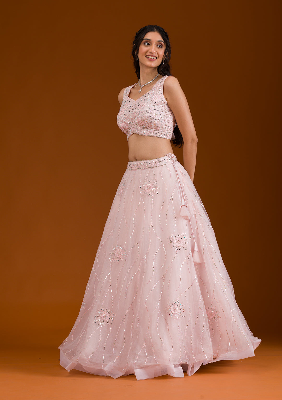Peach Stonework Net Readymade Lehenga