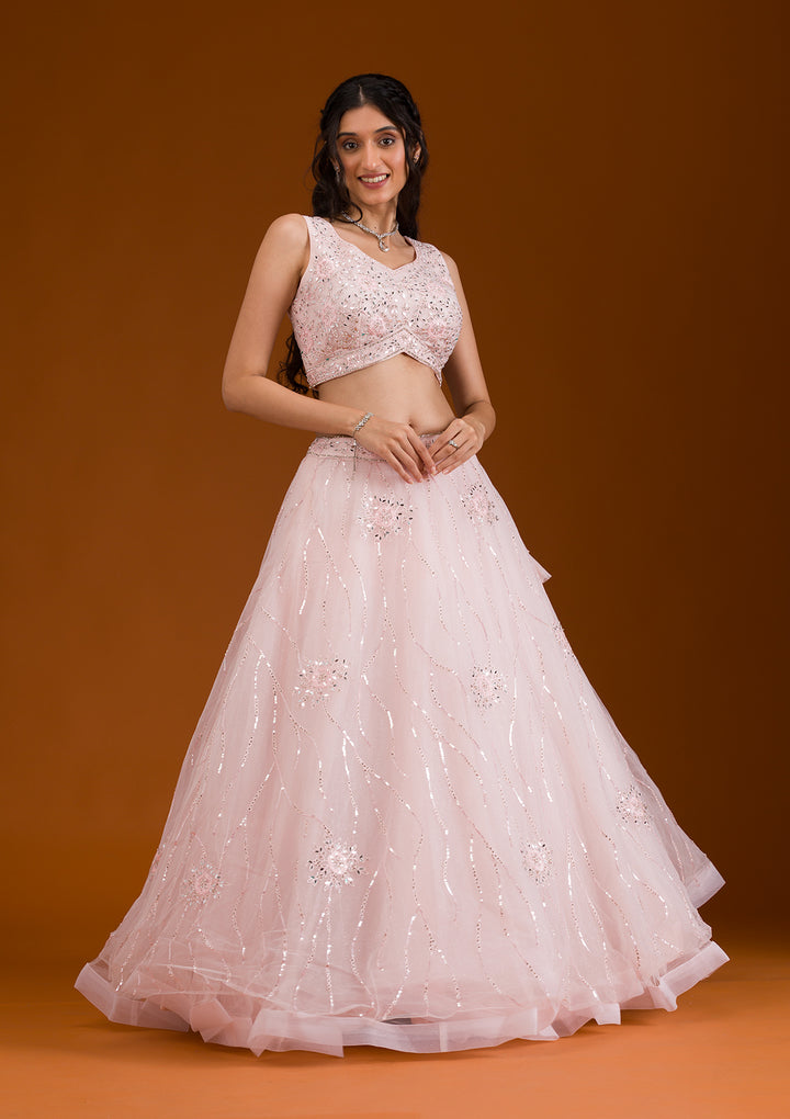 Peach Stonework Net Readymade Lehenga