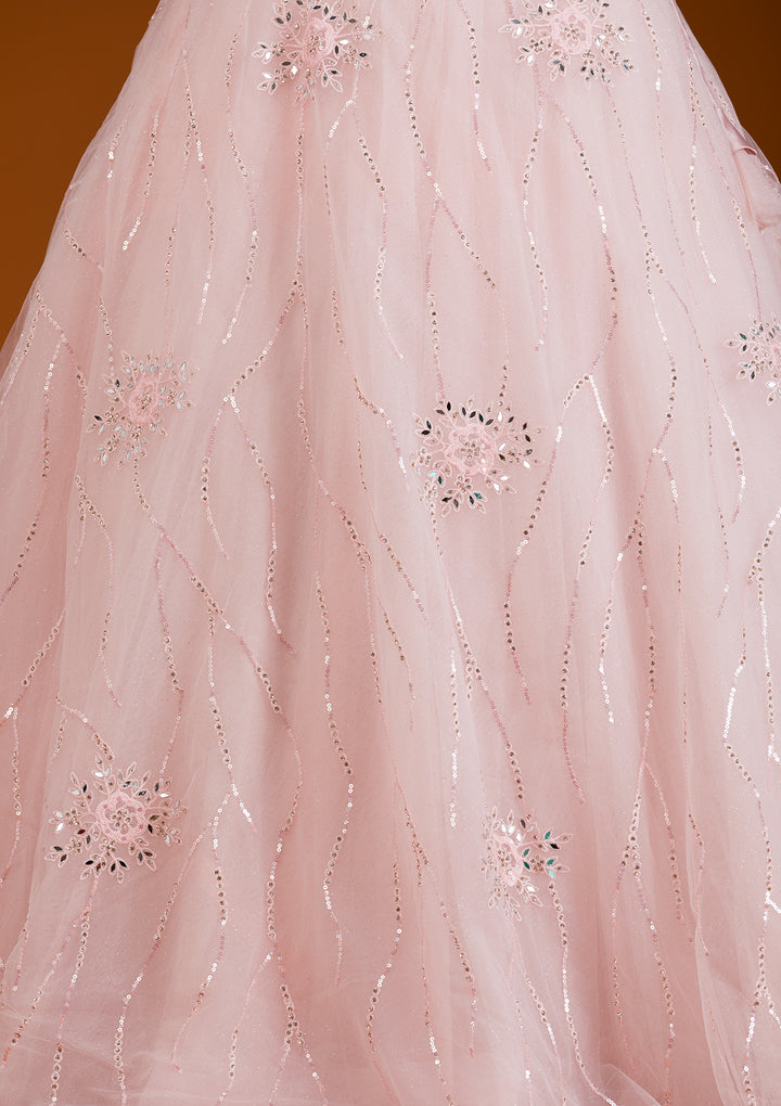 Peach Stonework Net Readymade Lehenga