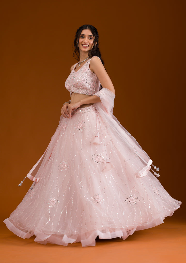 Peach Stonework Net Readymade Lehenga