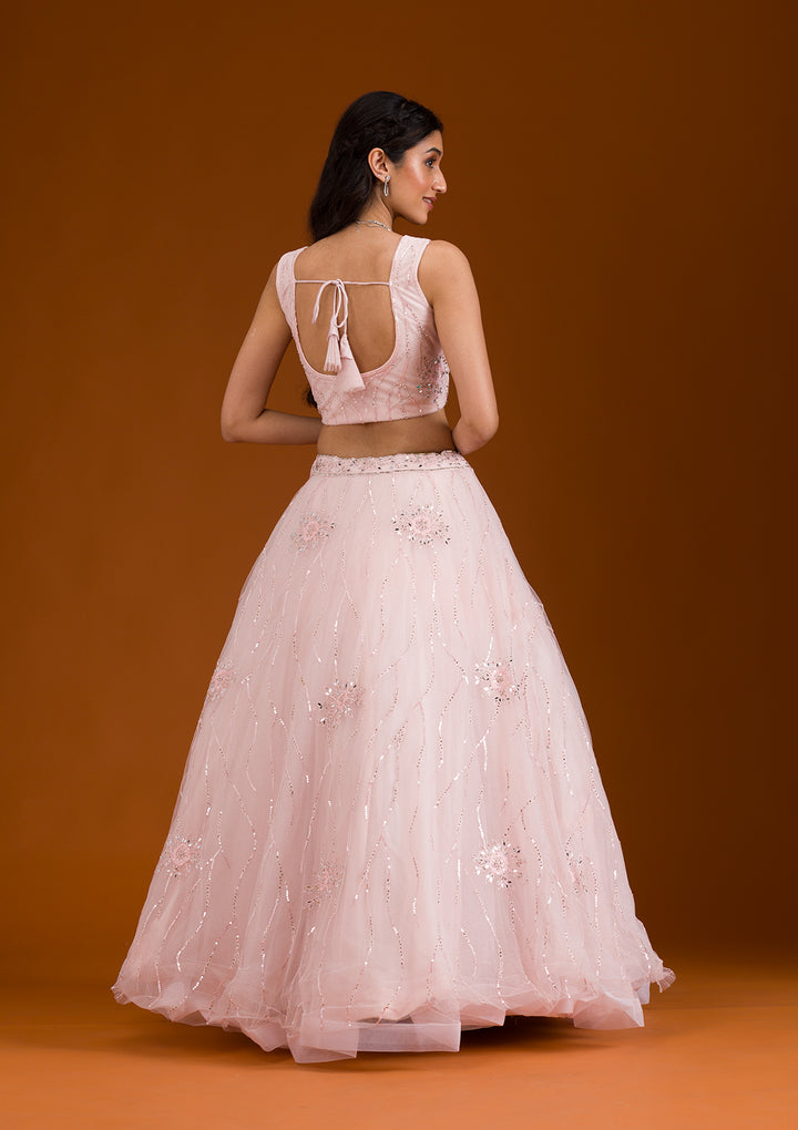 Peach Stonework Net Readymade Lehenga