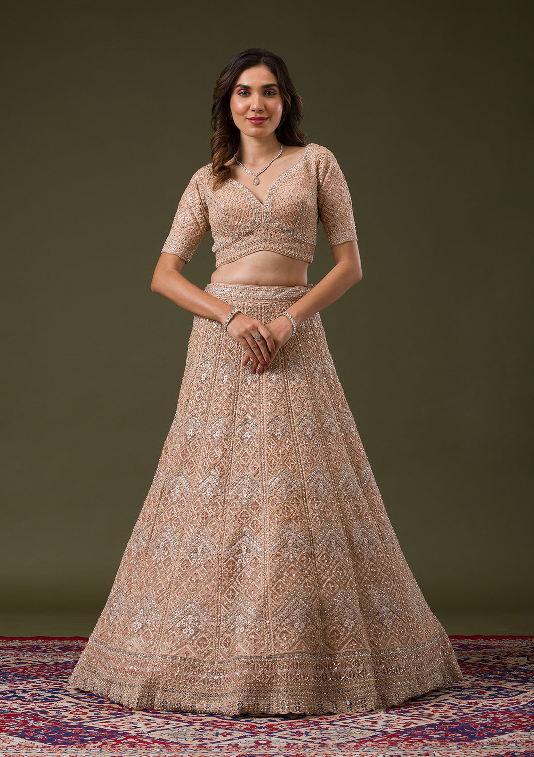 Peach Stonework Net Readymade Lehenga