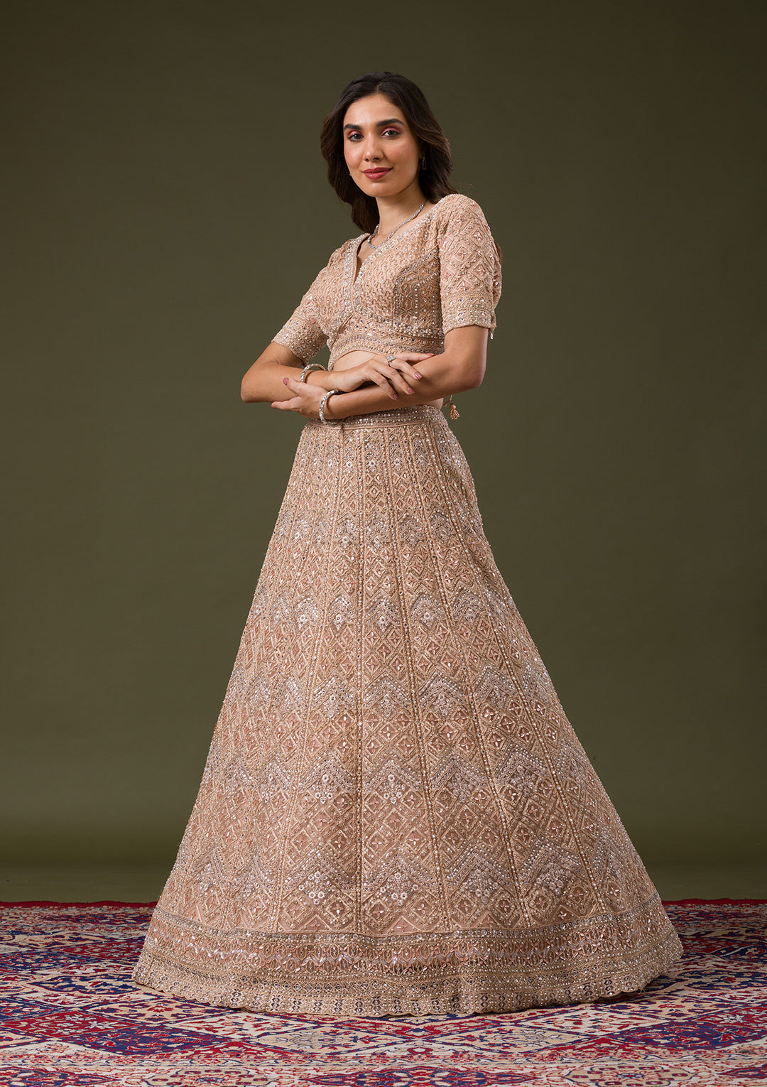 Peach Stonework Net Readymade Lehenga