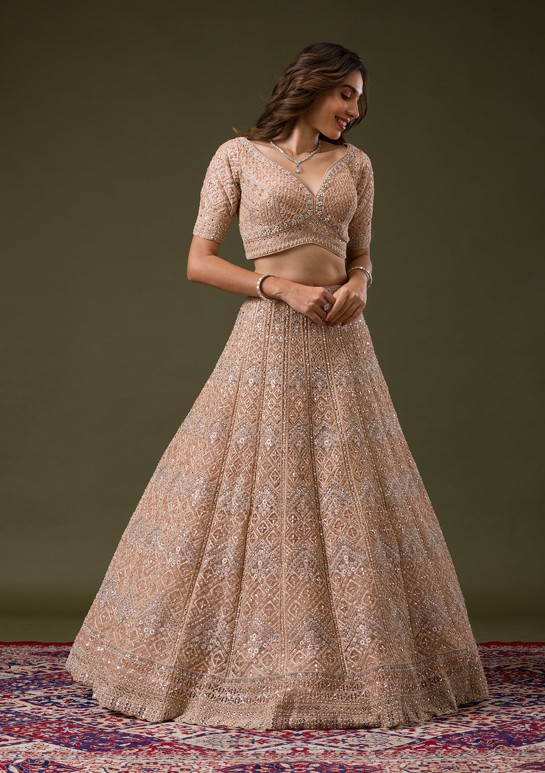 Peach Stonework Net Readymade Lehenga