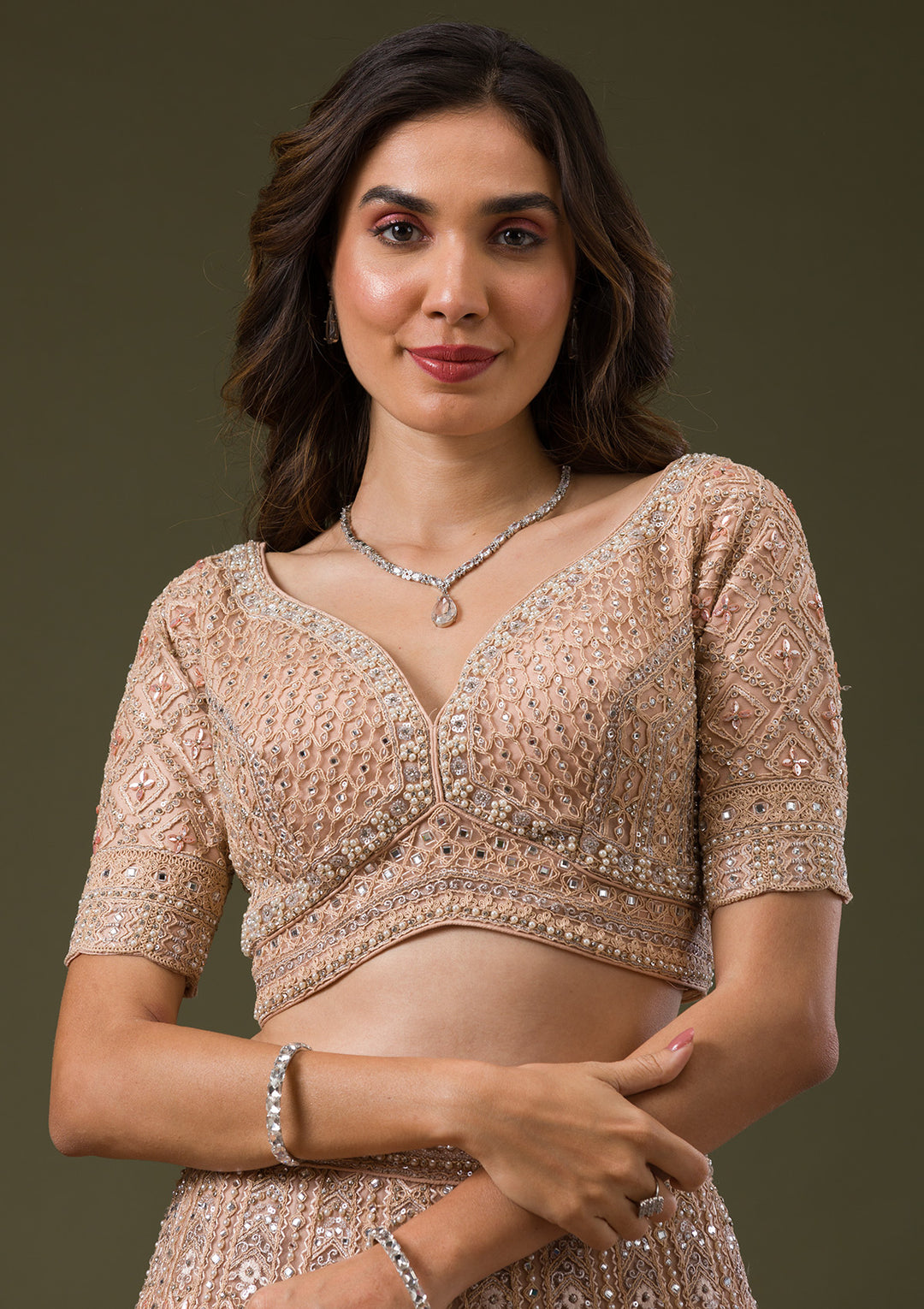 Peach Stonework Net Readymade Lehenga