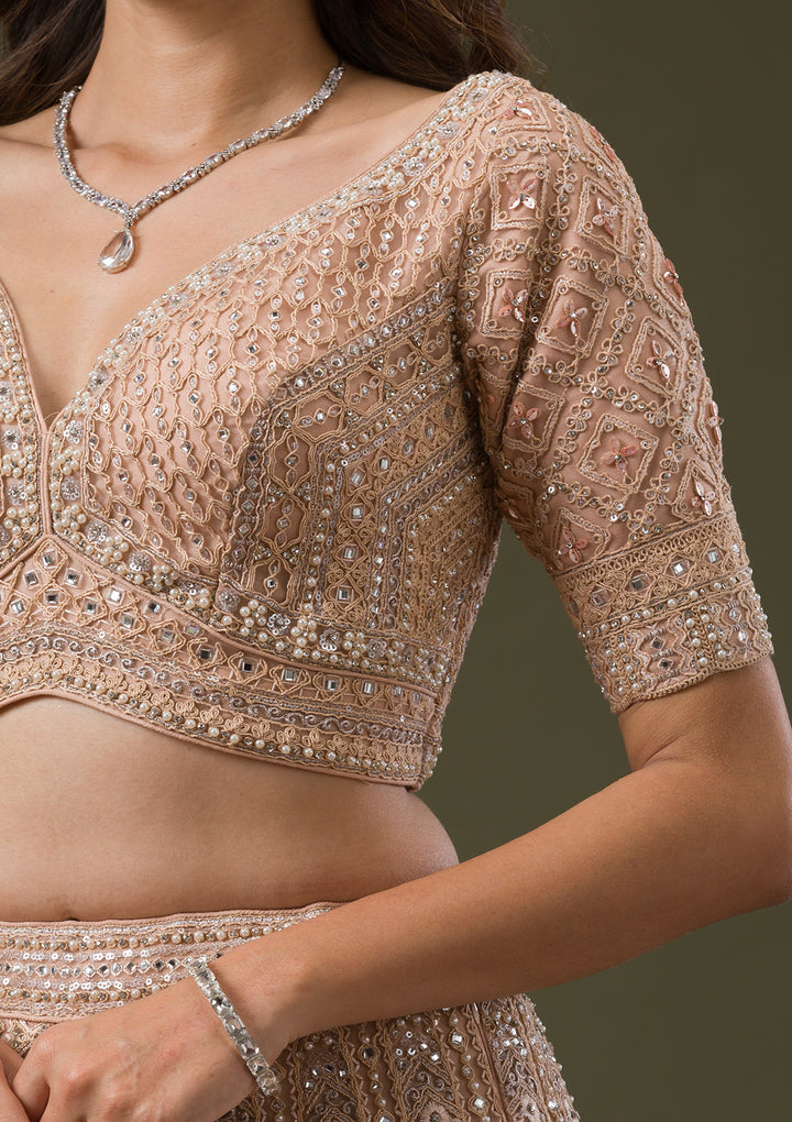 Peach Stonework Net Readymade Lehenga
