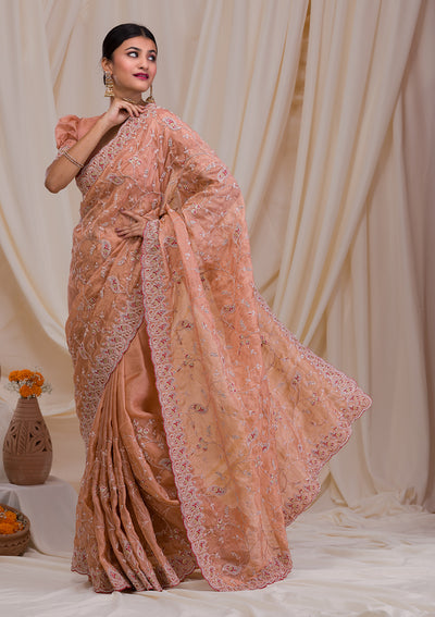Peach Stonework Net Saree-Koskii