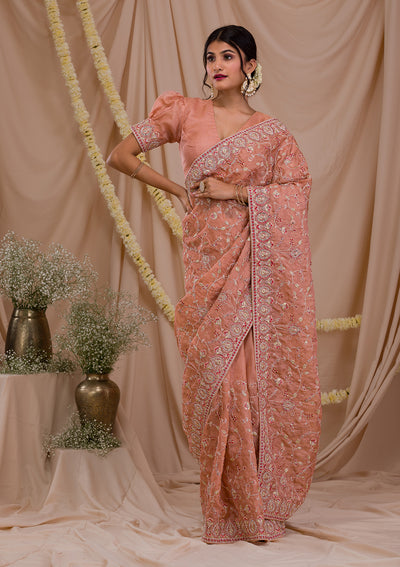 Peach Stonework Net Saree-Koskii